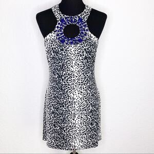 Cache black white animal print blue beaded neckline dress size Medium